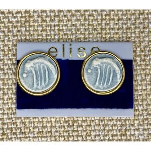 Vintage Elise Gold Tone Blue Ceramic Abstract Round‎ Clip On Earrings NOS
